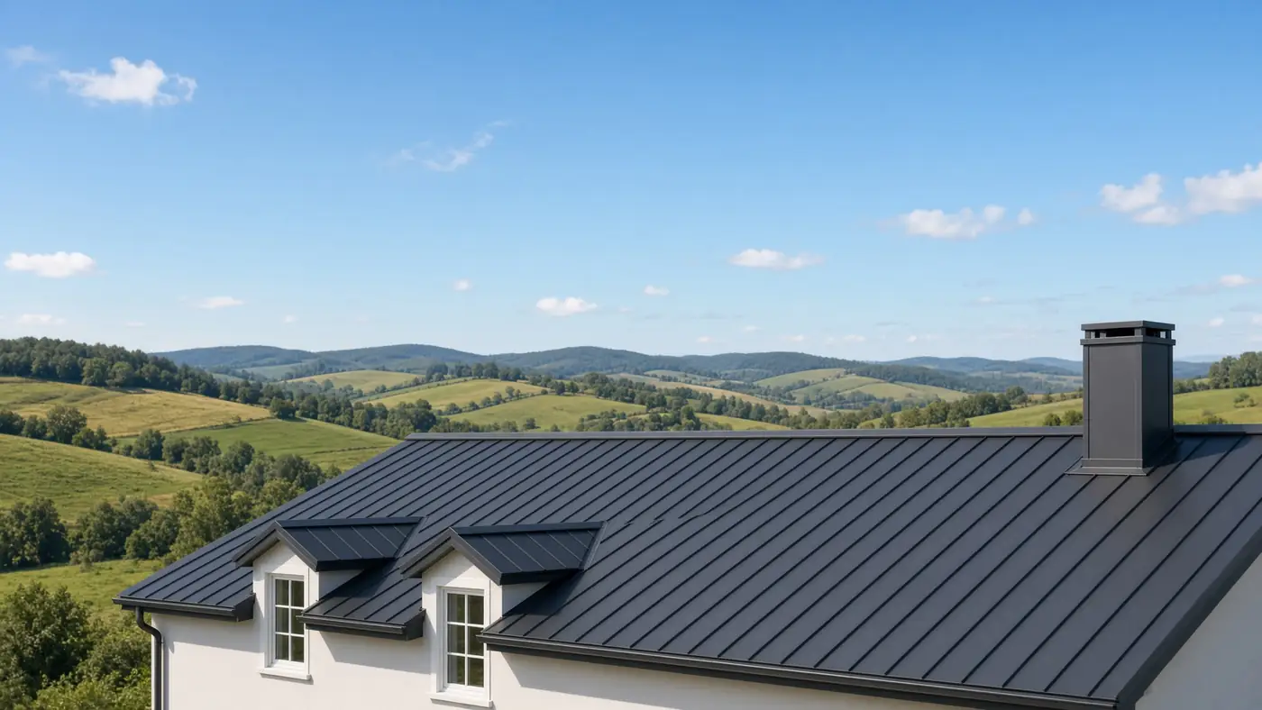 Charcoal standing-seam metal roof on a simple farmhouse.
