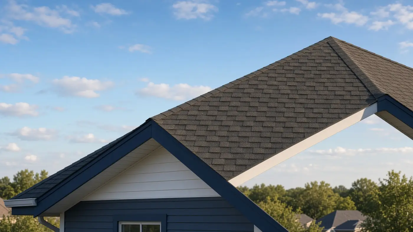 Roof ridge photographed in clear weather, the condition we restore after a storm.